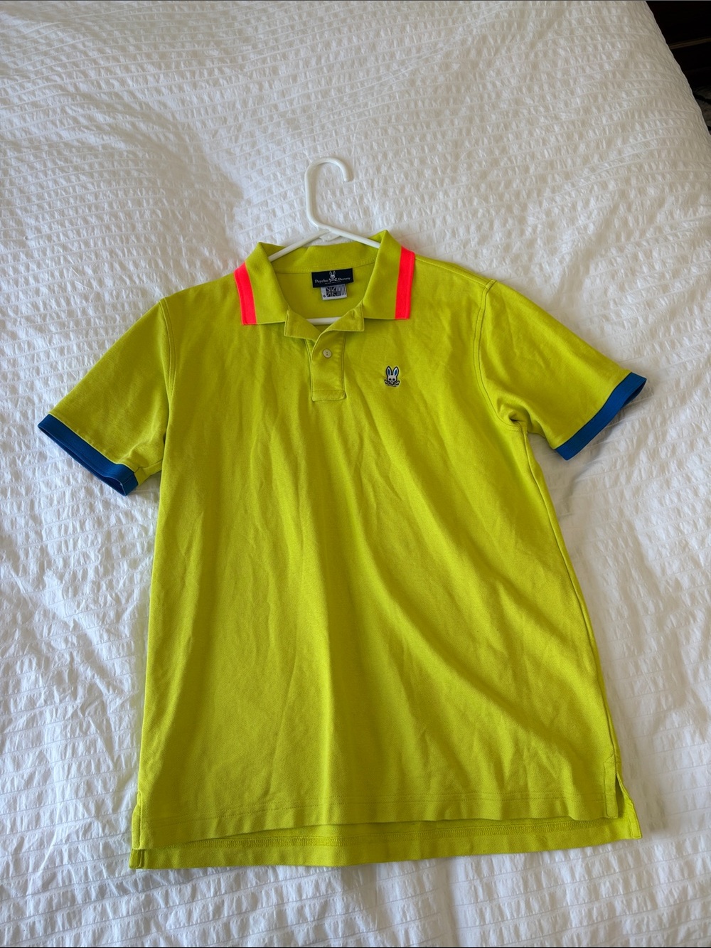 Psycho Bunny Neon Yellow Polo with Orange Collar and Blue Cuffs SZ 6